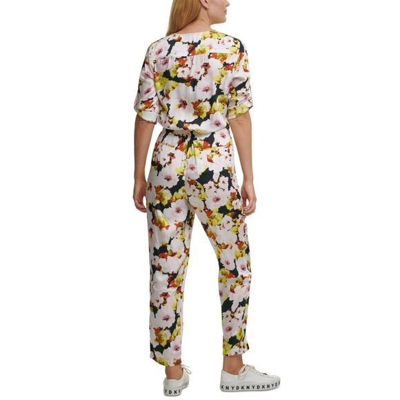 DKNY Jumpsuit Womens Size 2 Floral Print Zip Front V Neck Pockets Elastic Waist - Picture 7 of 14
